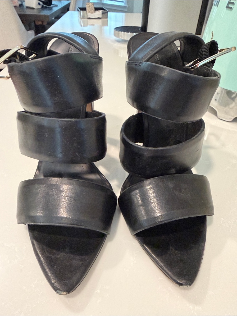 Alexander McQueen Black Triple-Strap Pointed-Toe Heels